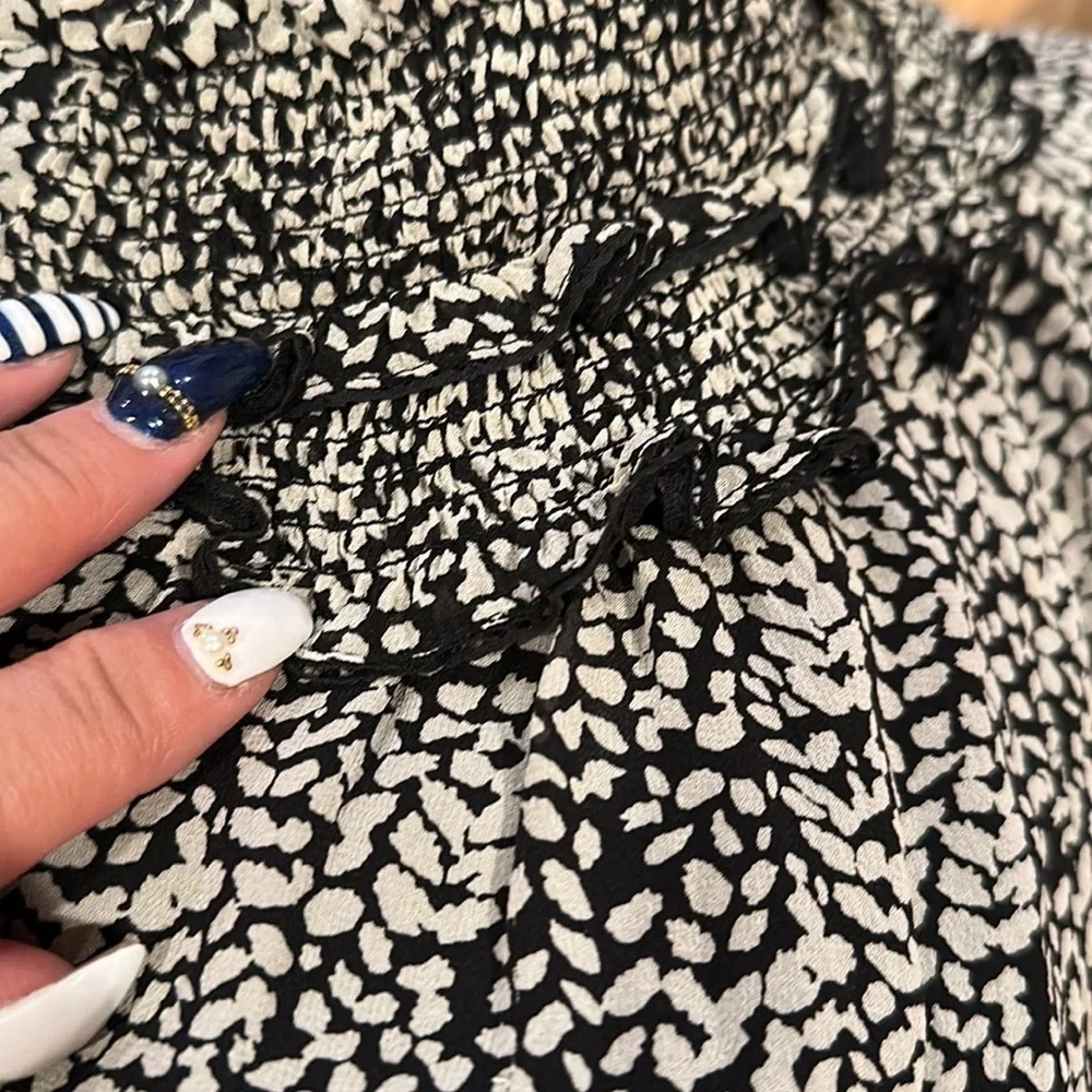 JOIE LILIANNA BLACK WHITE ROMANTIC RUFFLED SILK RUCHED SMOCKED WAIST LINED DRESS